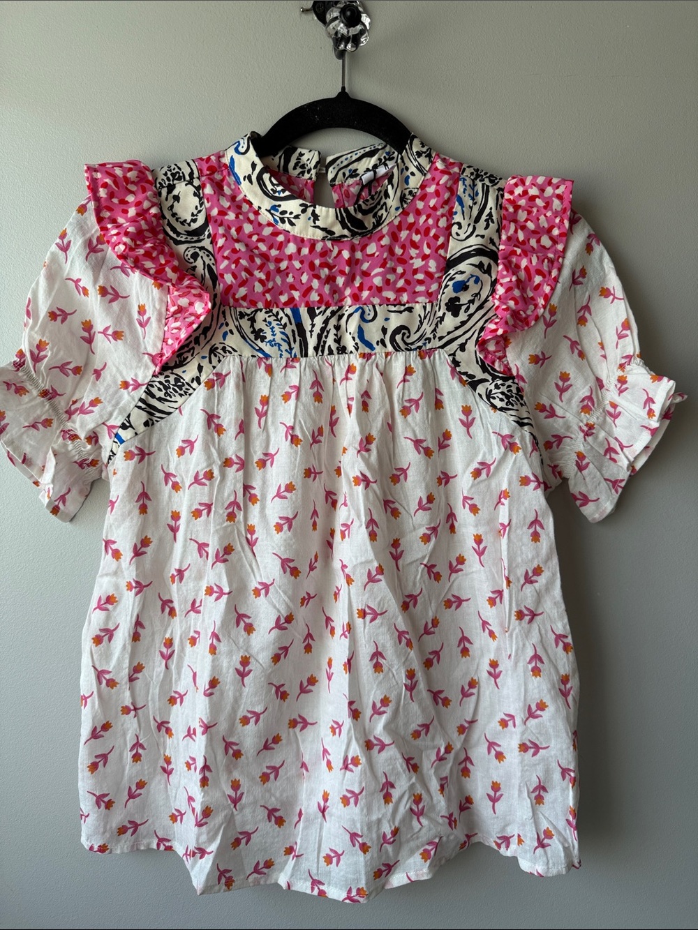 THML White top with Pink Floral and Black Accents check measurements below